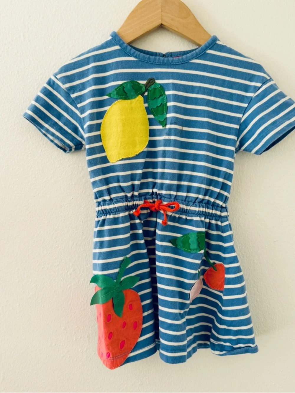 Mini Boden Tie Waist Blue Stripe Fruit Appliqué Dress